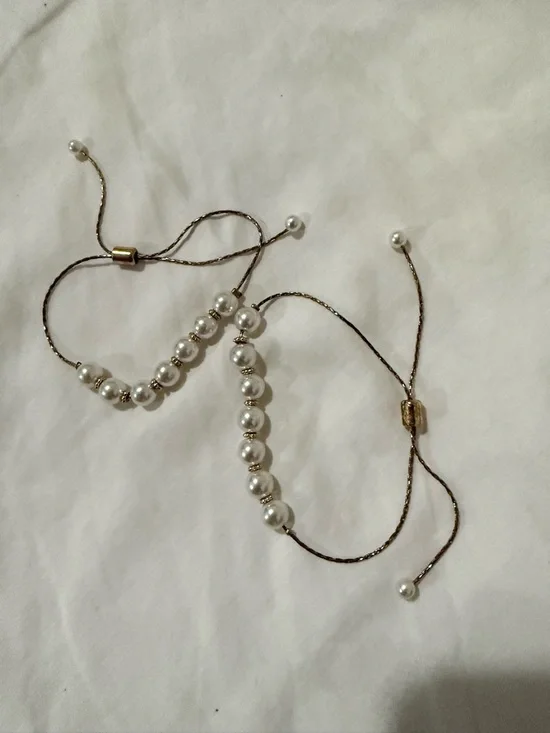 Pearl Bead Adjustable Bracelet - White Pearls on Gold Cord - Picture 2 of 2